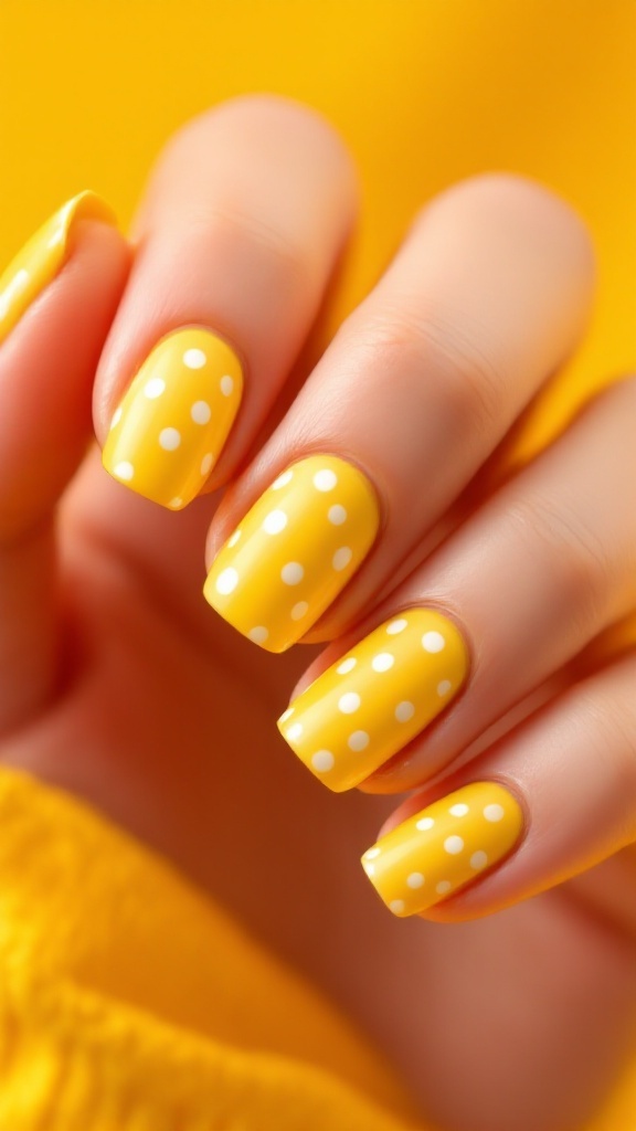 Close-up of a hand with yellow nail polish featuring colorful polka dots.