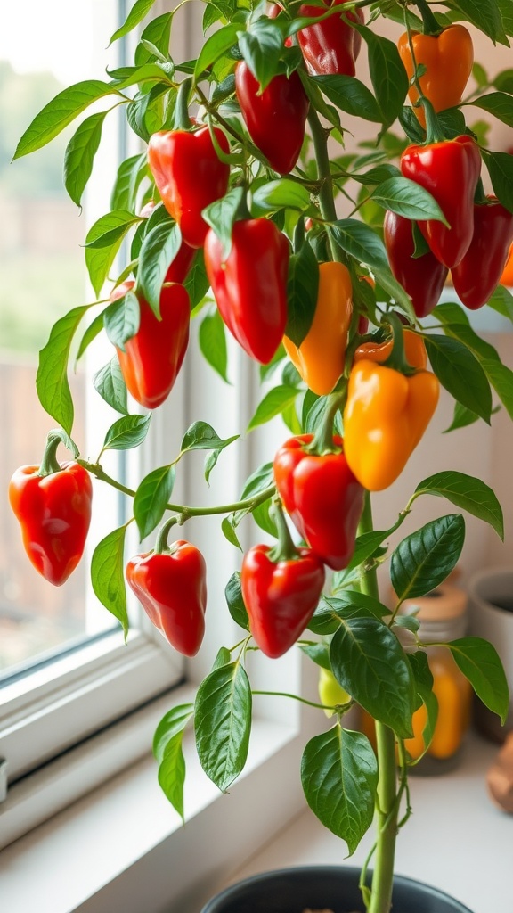 Sweet pepper tree with red and yellow peppers growing indoors