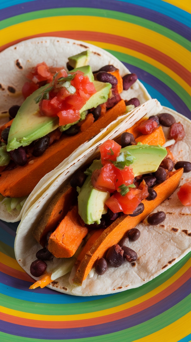 Sweet potato and black bean tacos with avocado and salsa