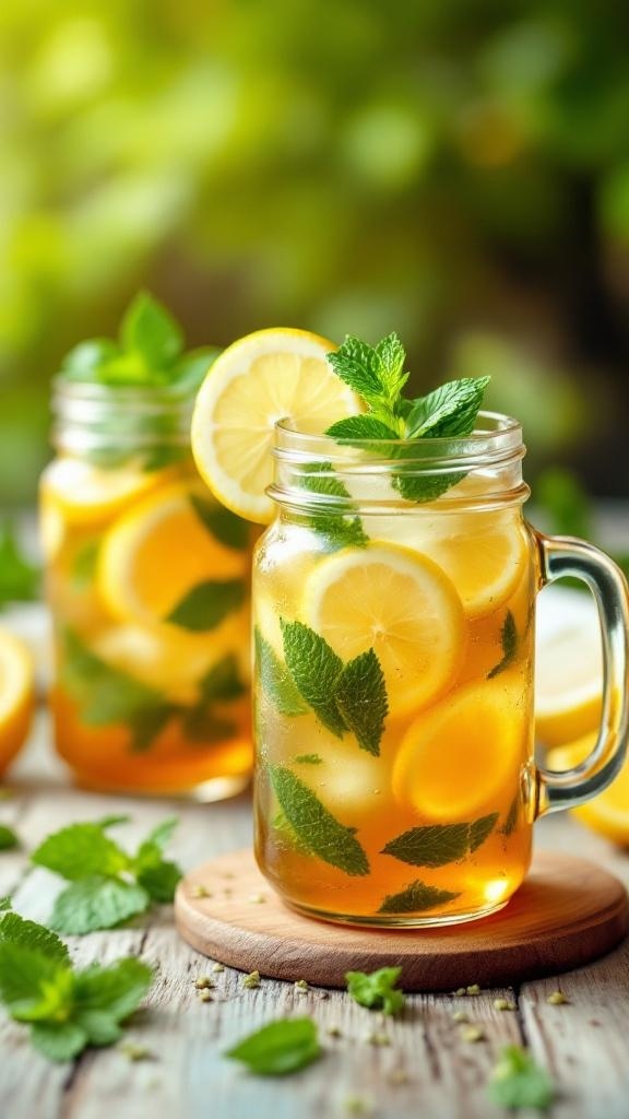 A refreshing drink of Sweet Tea Lemonade with Fresh Mint in mason jars, garnished with lemon slices and mint leaves.