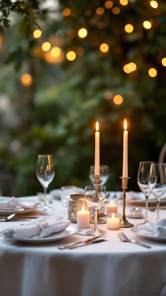 A beautifully set dinner table with candles, glassware, and soft lighting in the background.