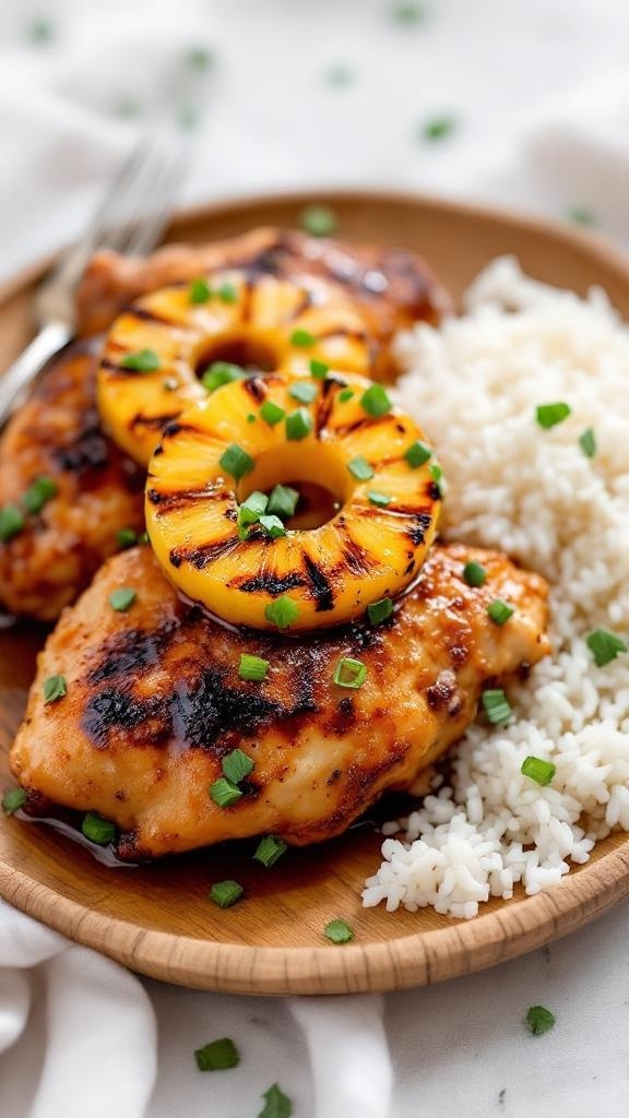 Plate of teriyaki chicken thighs topped with grilled pineapple rings, served with rice and garnished with green onions.