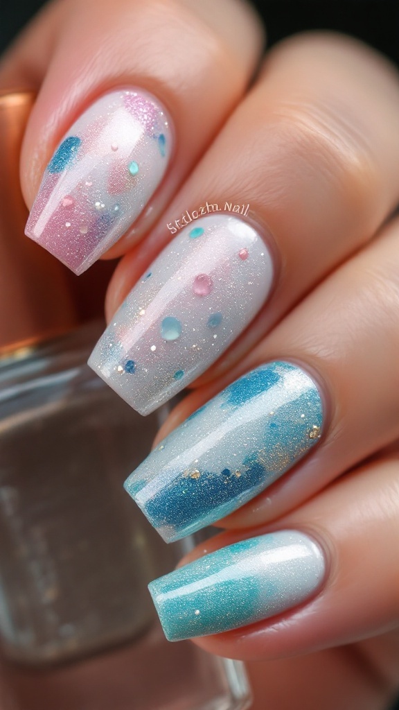 Close-up of beautifully manicured nails with a sandy texture, set against a sandy background