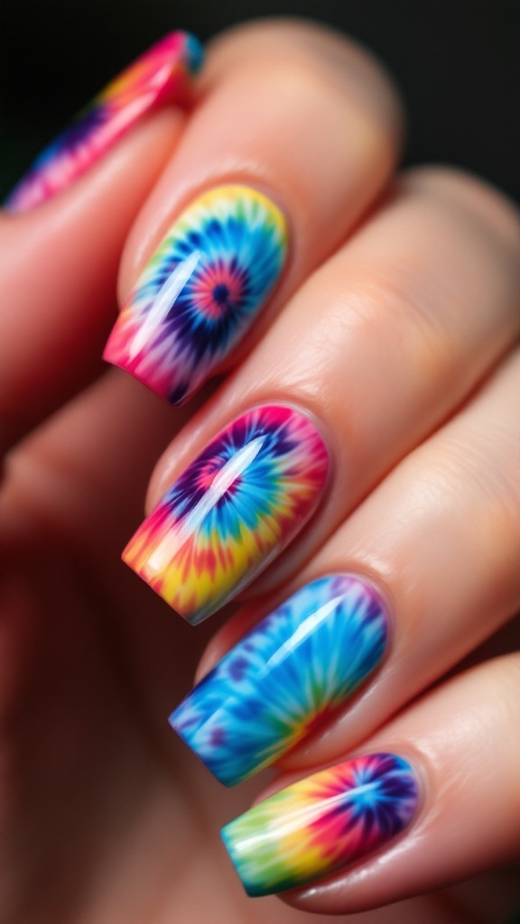 Close-up of colorful tie-dye nail art in vibrant pink, blue, and yellow patterns.