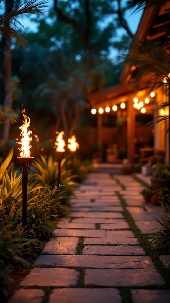 A beautiful outdoor path lined with tiki torches, creating a warm and inviting atmosphere.