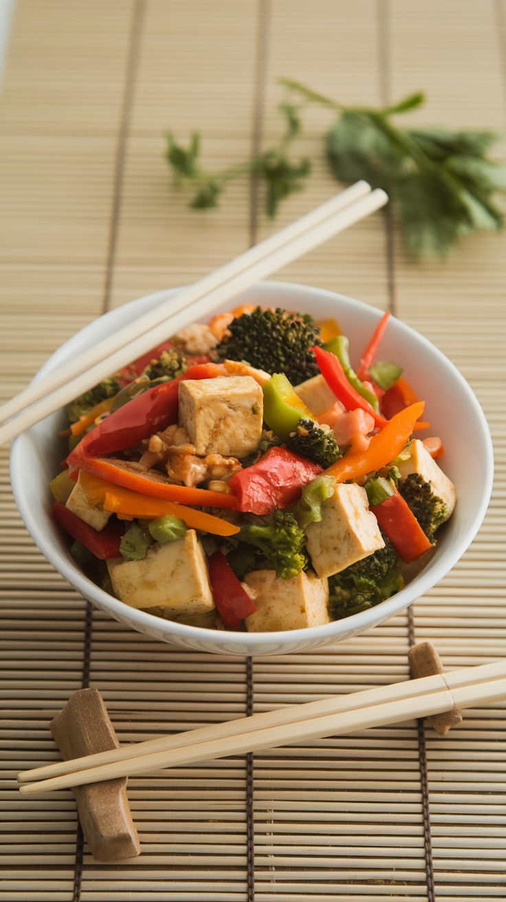 A bowl of tofu stir-fry with mixed vegetables.