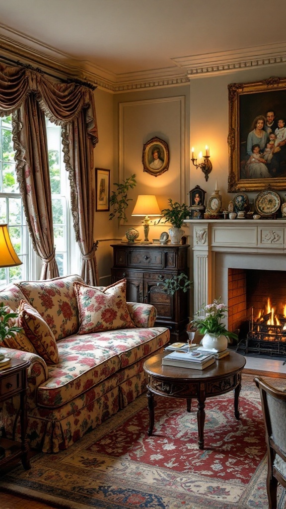 A traditional living room with patterned furniture, rich drapes, and antique decor.