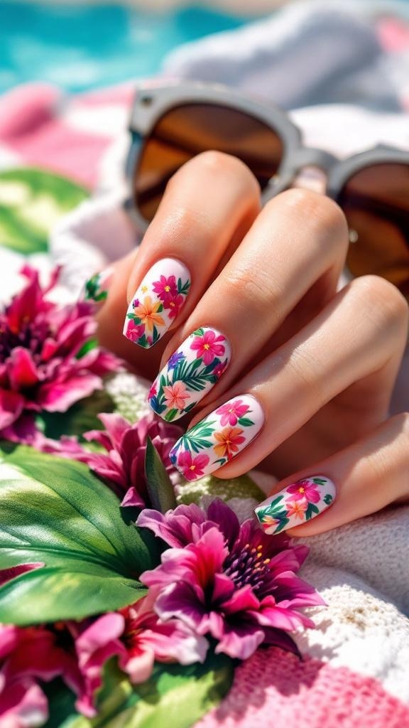Close-up of a hand with tropical floral nail art, featuring pink flowers and green leaves, alongside sunglasses on a pink and white checkered cloth.