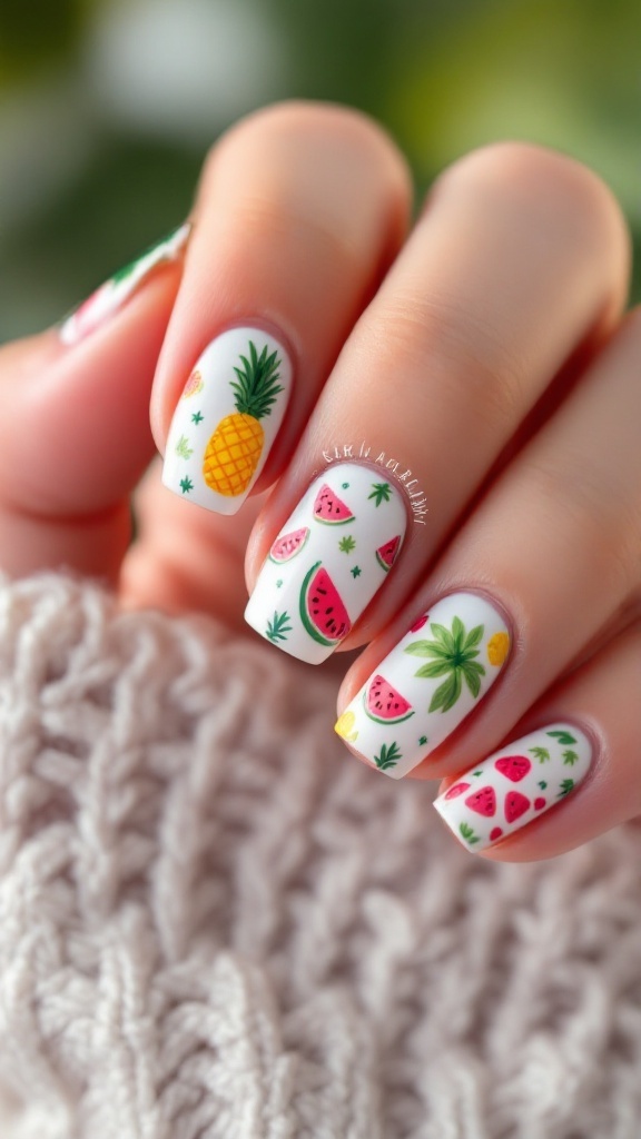 Nails decorated with tropical fruit designs including pineapples, watermelons, and leaves.
