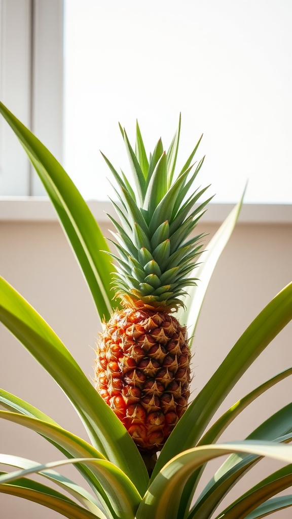 A vibrant pineapple plant showcasing its fruit and lush green leaves, positioned near a window