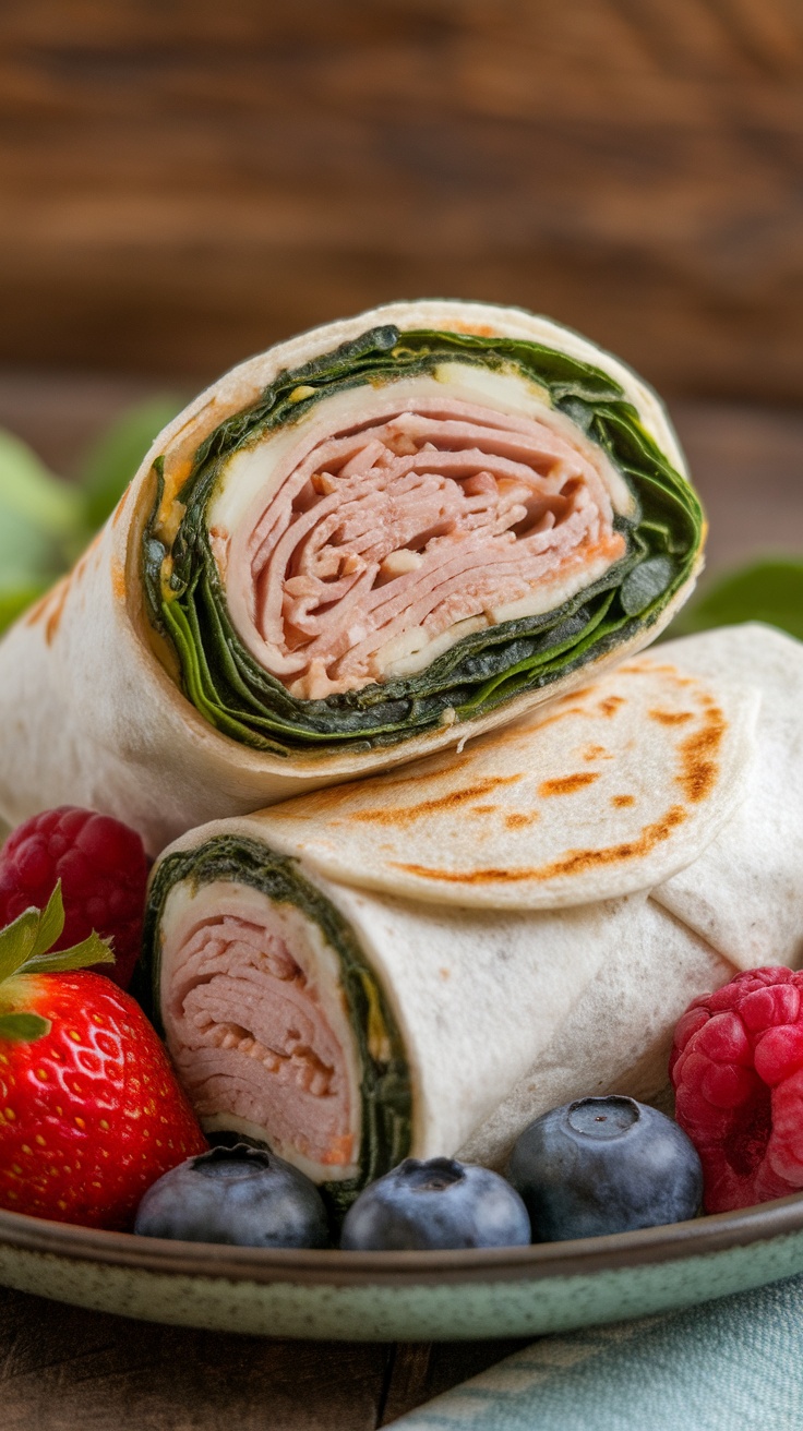 Turkey and spinach wraps with fresh berries