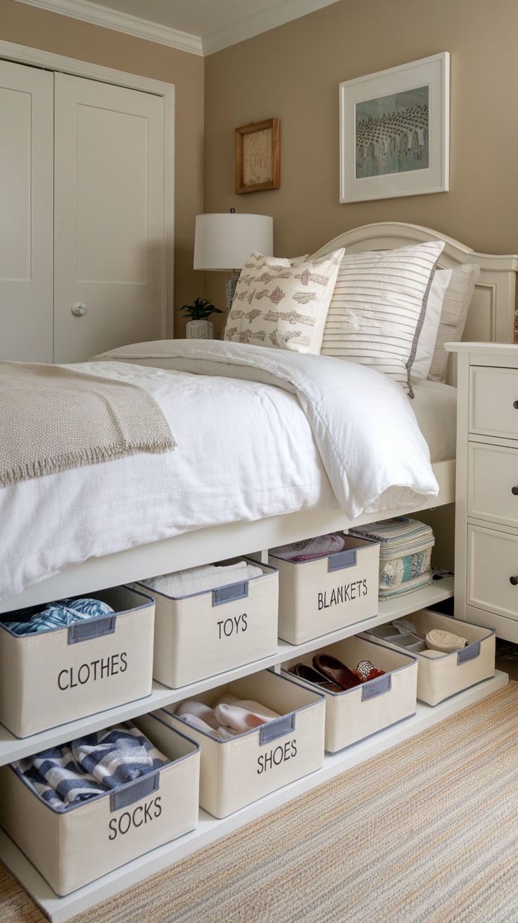 A neatly organized under-bed storage area with labeled bins for clothes, toys, blankets, socks, and shoes.