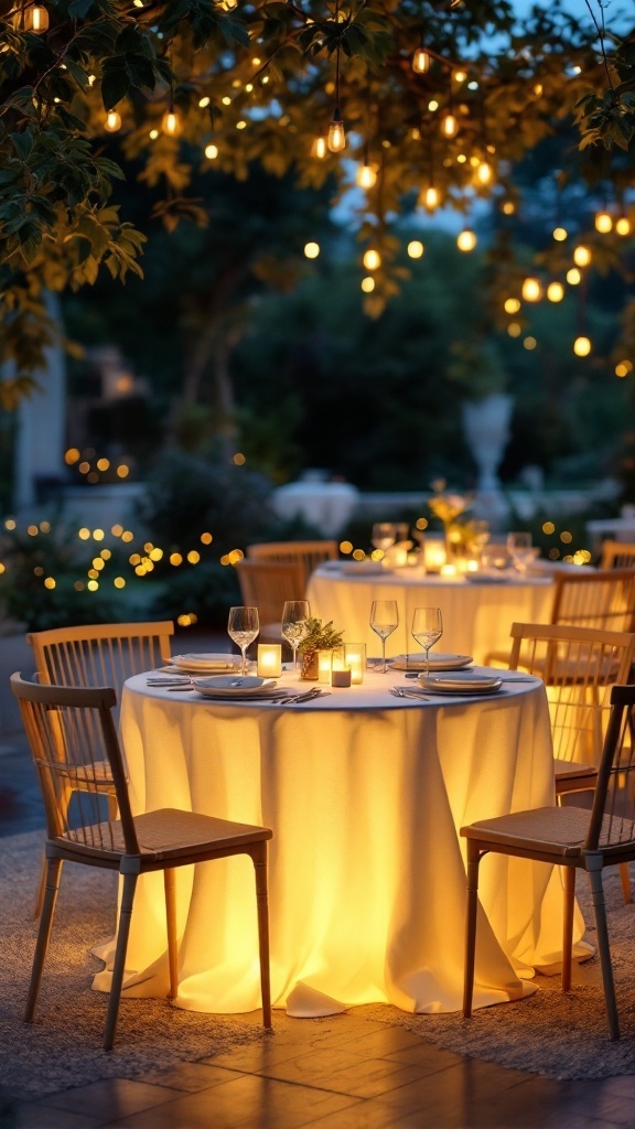 A beautifully set outdoor dining table with soft under-table lighting and string lights overhead.
