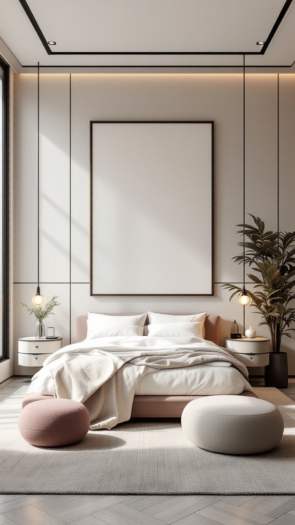 A modern luxury bedroom featuring a stylish bed, minimalist nightstands, and playful round poufs.