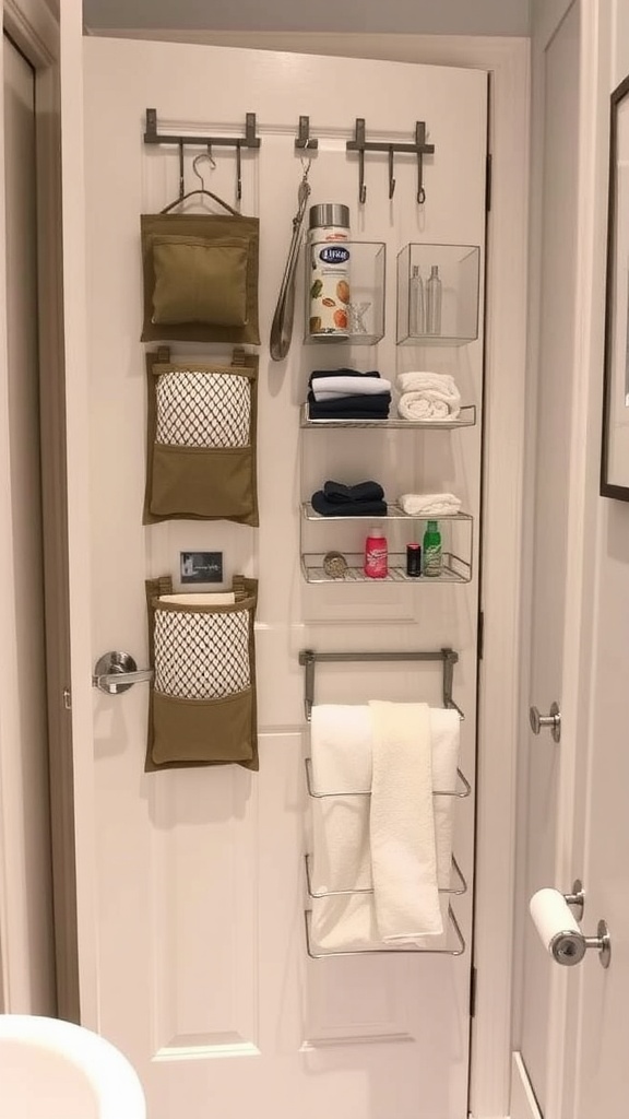 A bathroom door featuring various storage baskets and shelves for organizing toiletries.