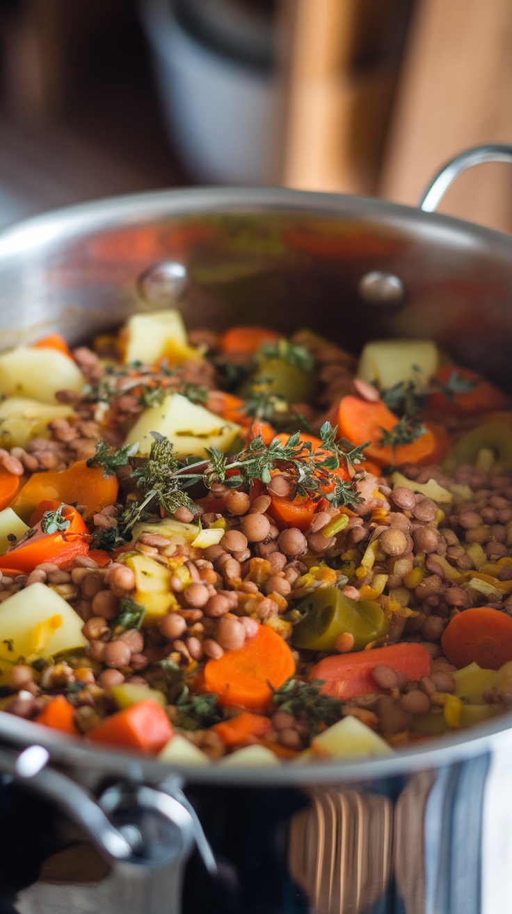 A delicious vegetable and lentil stew in a pot, featuring colorful vegetables and lentils simmering together.