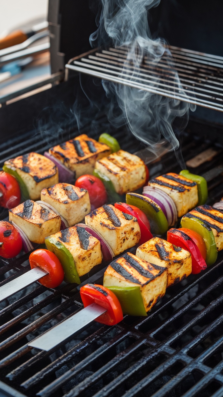 Grilled vegetable and paneer skewers on a barbecue grill