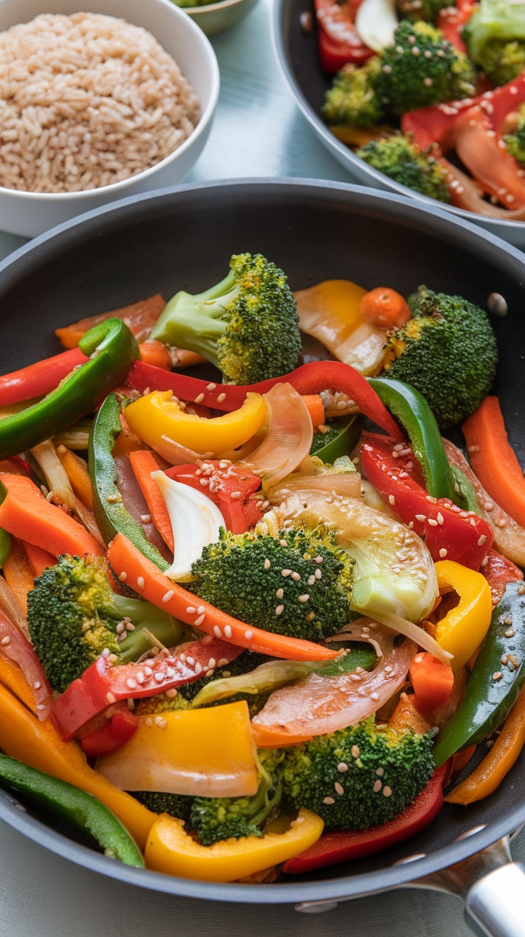 A colorful vegetable stir-fry with bell peppers, broccoli, and carrots served over brown rice.