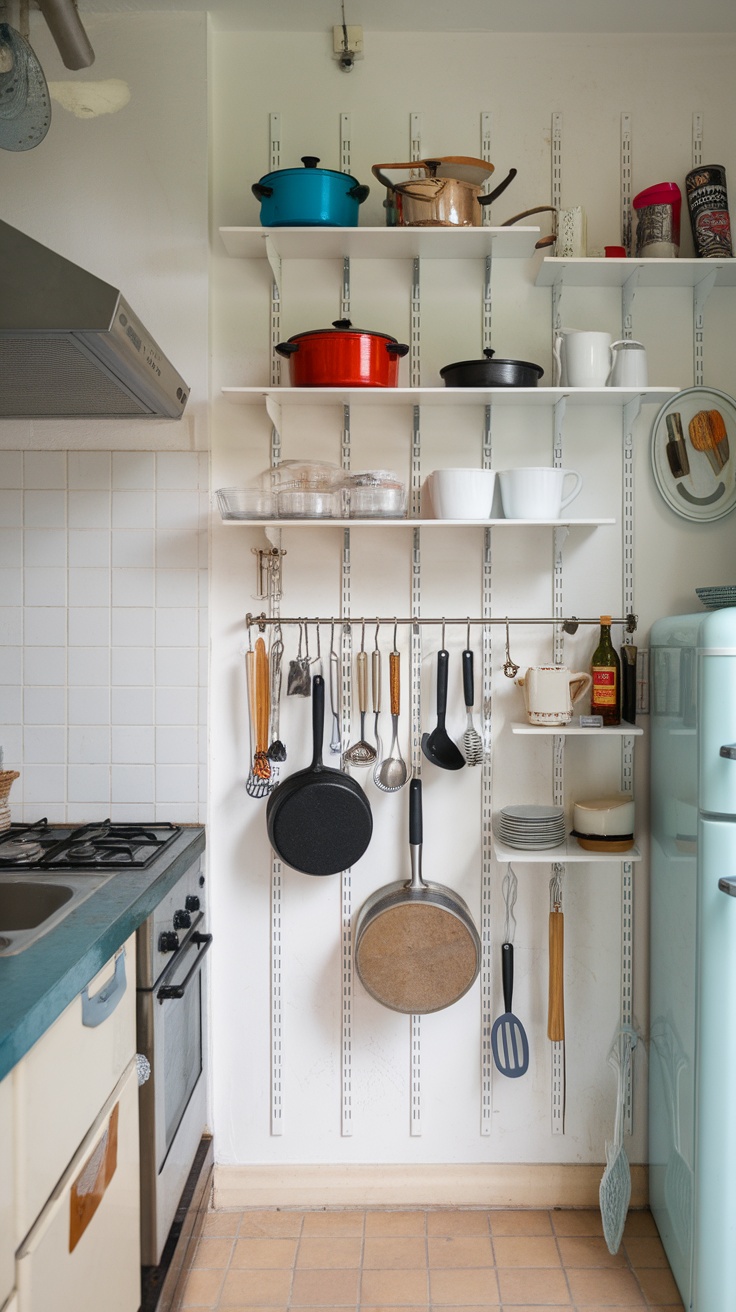 A kitchen with vertical wall storage, showcasing shelves and hooks for pots, pans, and utensils.