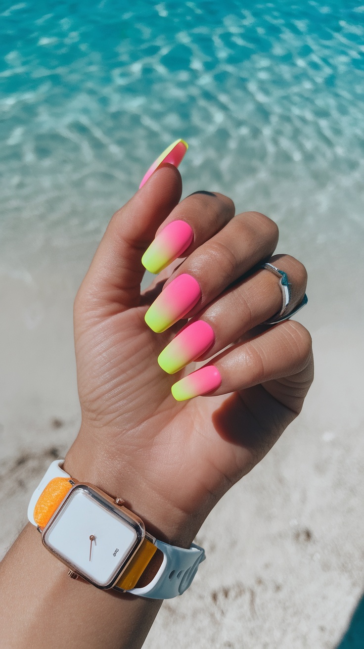 Vibrant neon ombre nails in pink and yellow with a sunset background