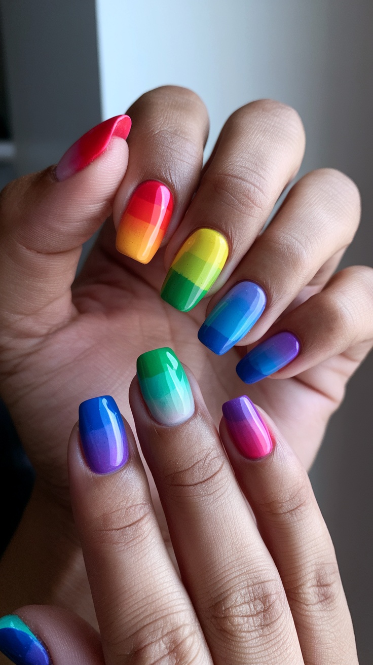 Close-up of colorful rainbow nails with various gradient shades.