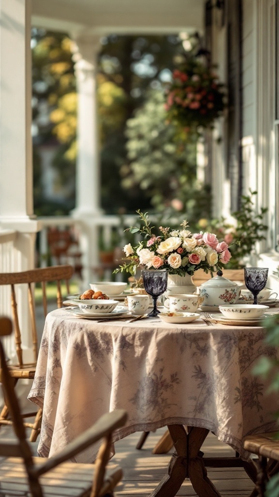 A vintage farmhouse tablescape on a porch with flowers, china, and glassware.