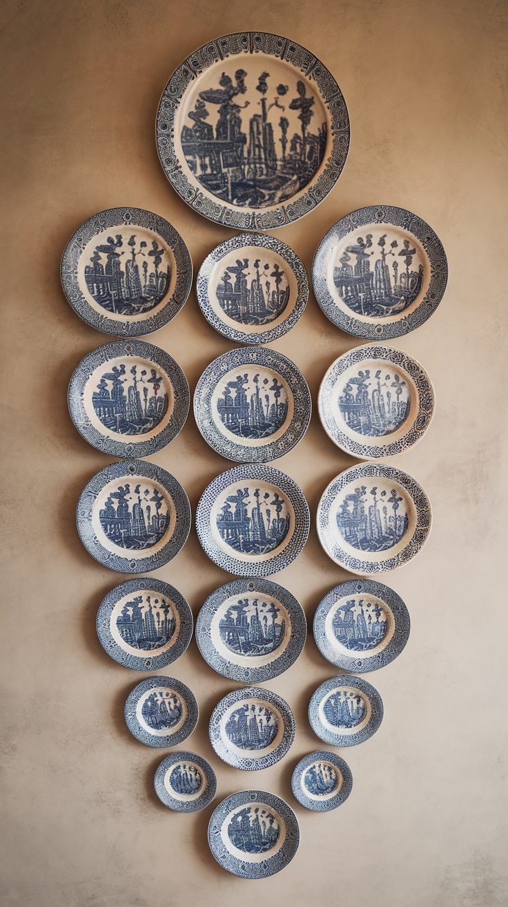 A collection of vintage plates with various designs and colors arranged on a dark surface.