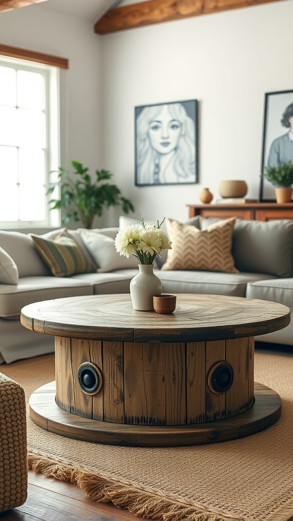 A rustic vintage spool coffee table in a cozy living room setting