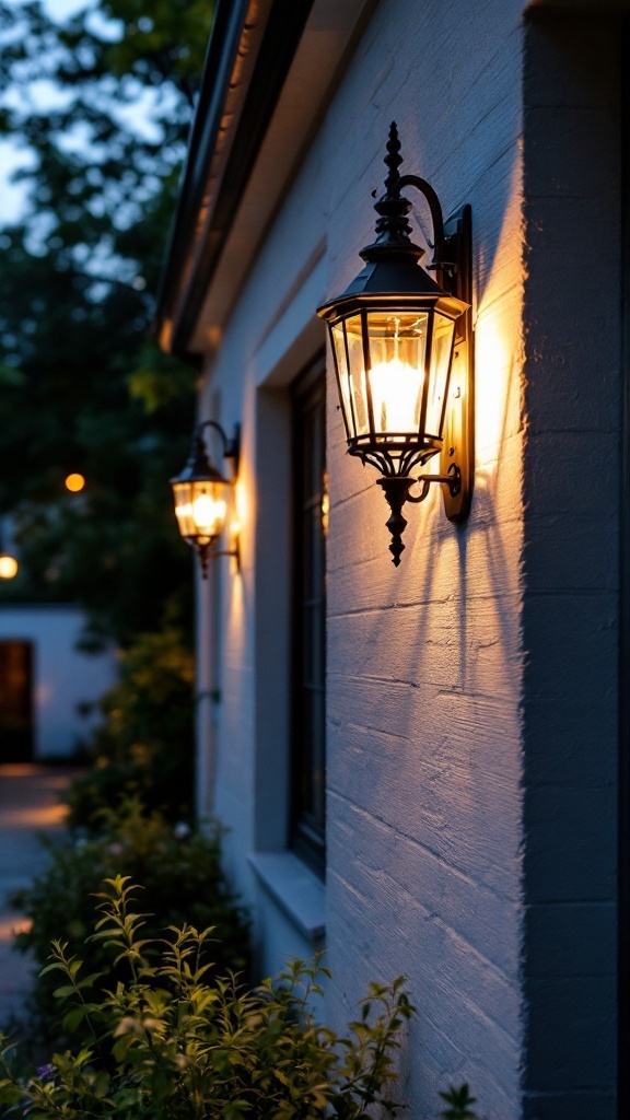 Wall sconces illuminating a home's exterior at dusk