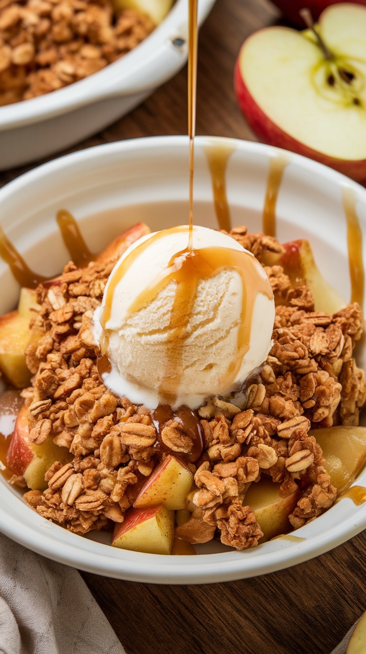A delicious warm apple crisp with oat topping served with a scoop of ice cream and caramel drizzle.