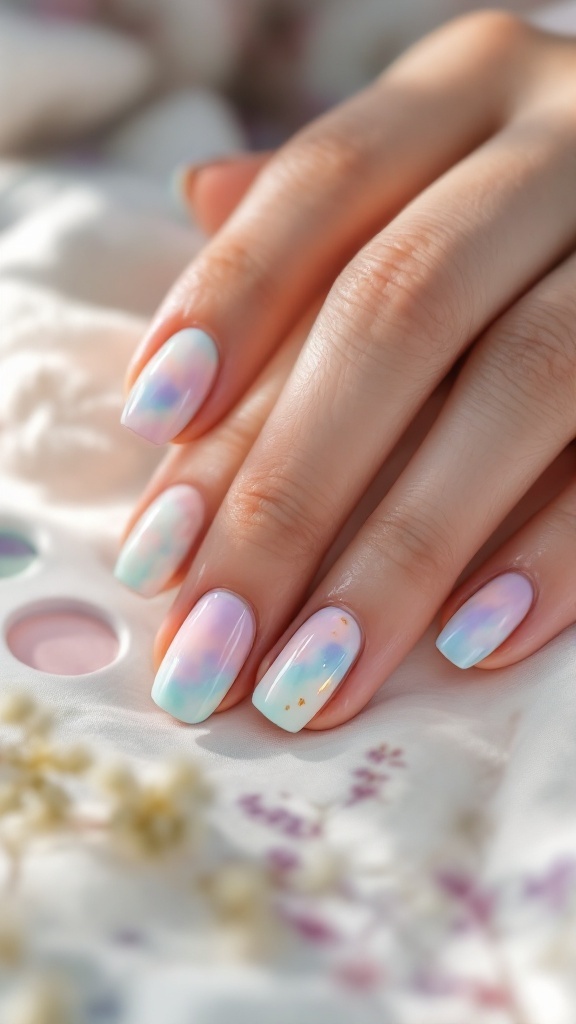 Colorful watercolor nail designs with palm trees and flowers against a beach scene.