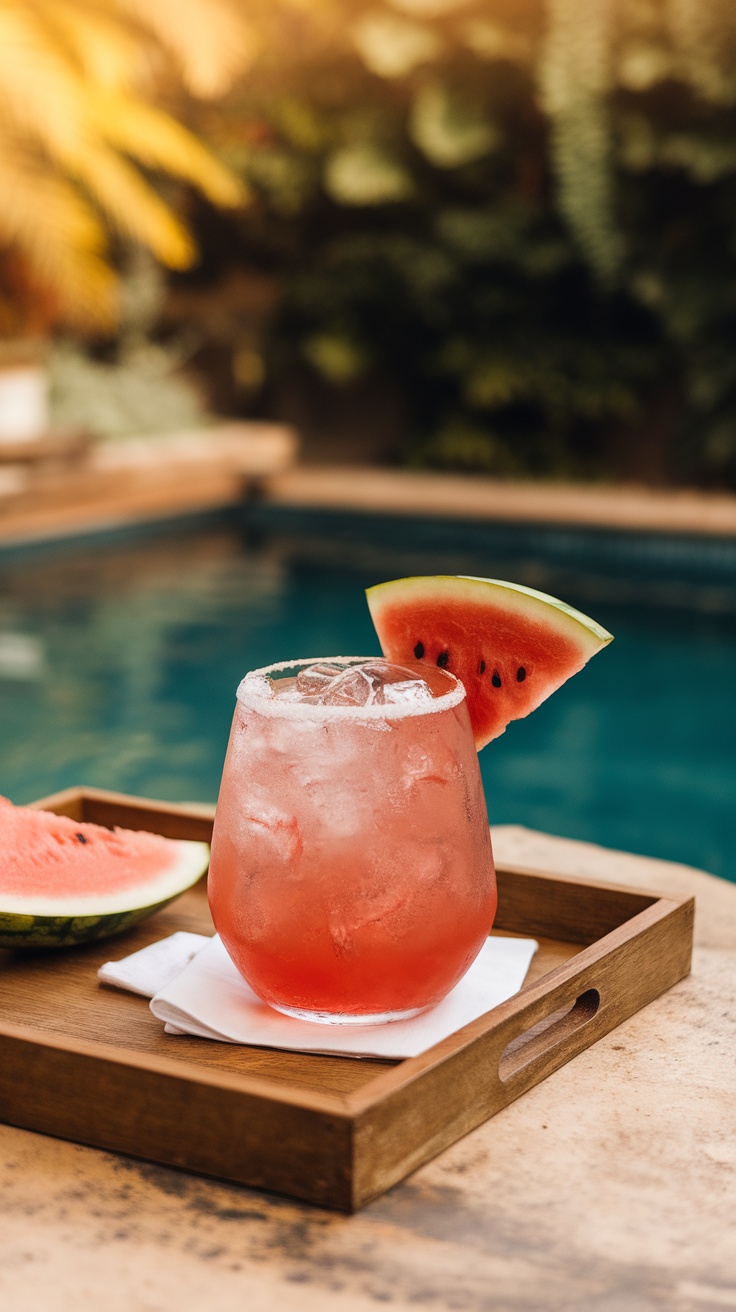 A refreshing watermelon frosé cocktail served in a glass with a slice of watermelon on the rim.