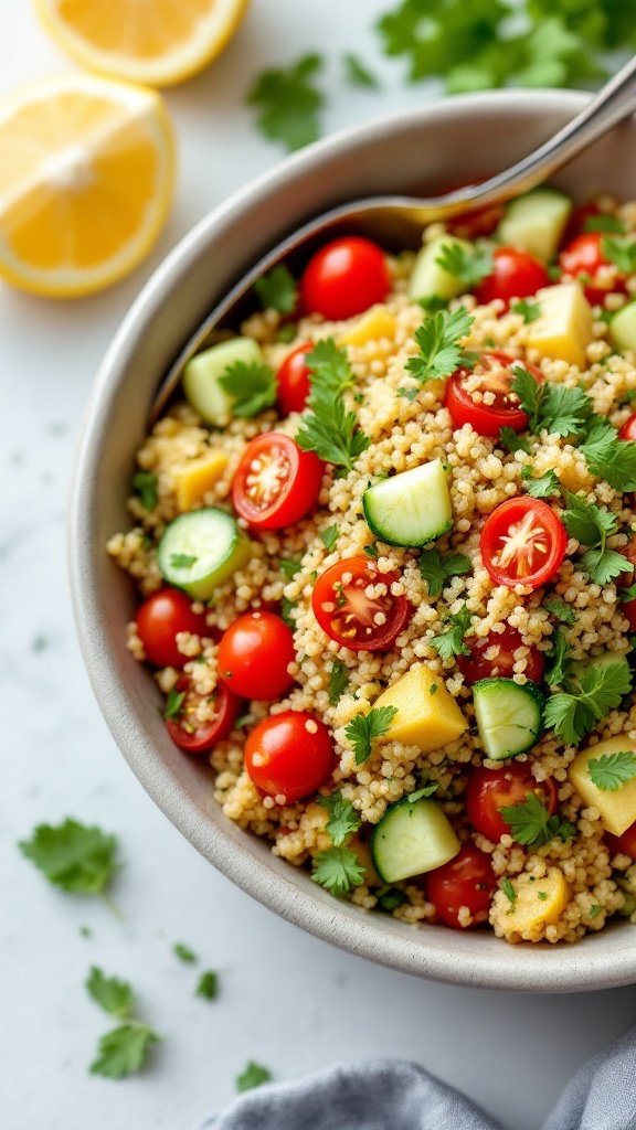 A bowl of vibrant Zesty Lemon Quinoa Salad with cherry tomatoes, cucumber, and mango.