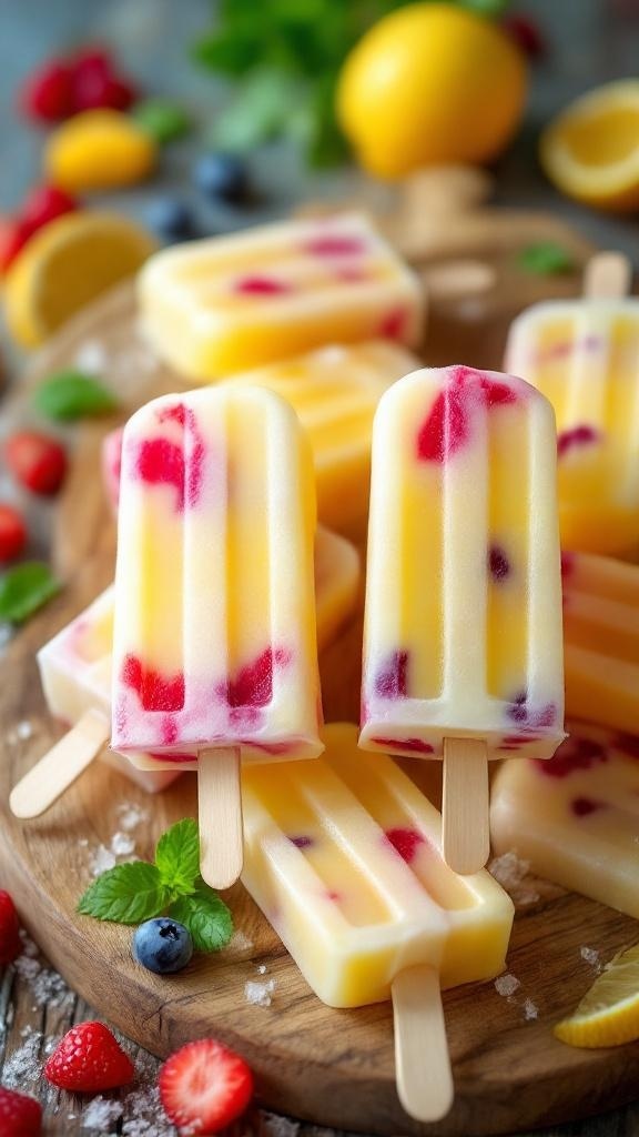 Colorful lemonade popsicles with fresh fruit on a wooden platter