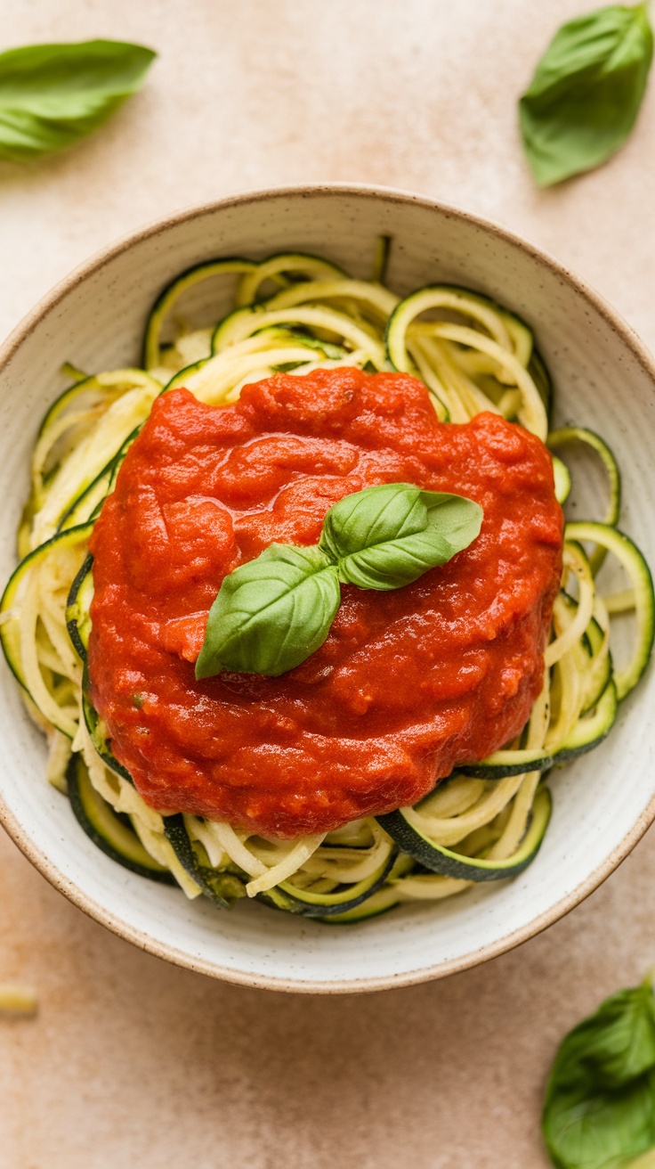 A bowl of zucchini noodles topped with marinara sauce and a basil leaf.