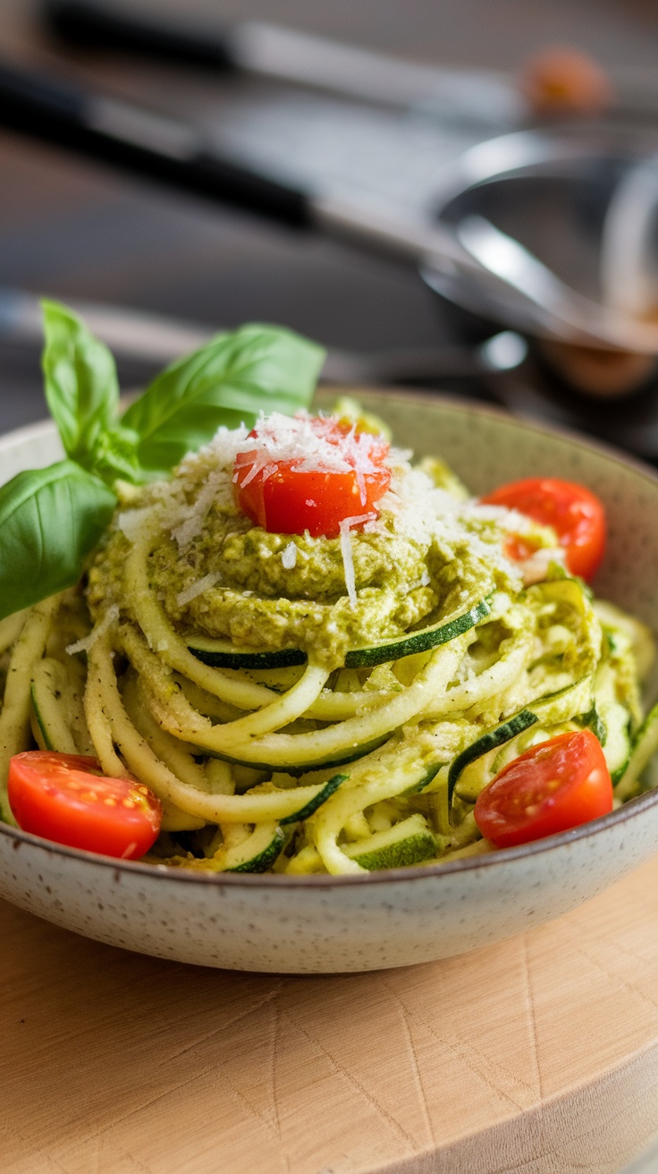 A bowl of zucchini noodles topped with pesto, cherry tomatoes, and Parmesan cheese.