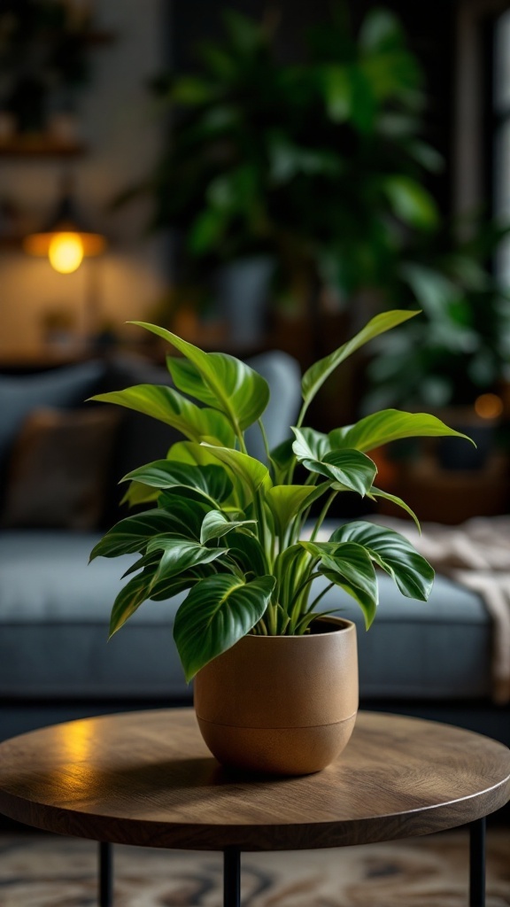 A ZZ plant in a simple pot on a wooden table in a cozy living space