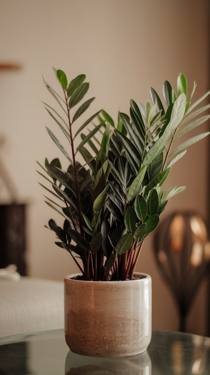 A healthy ZZ plant with vibrant green leaves in a pot, set in a bright indoor environment.