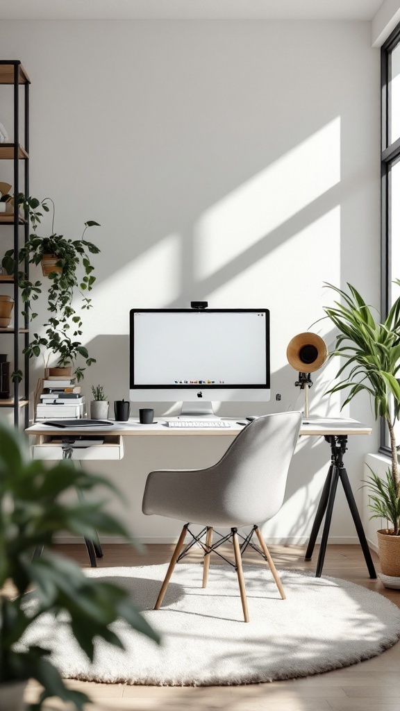A modern home office with a sleek desk, monitor, and plants.