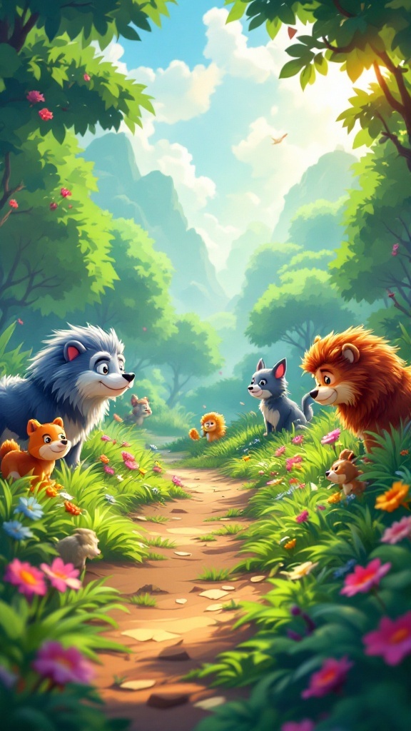 A vibrant forest scene with cartoonish animals including a hedgehog, lion, and squirrels, surrounded by colorful flowers.