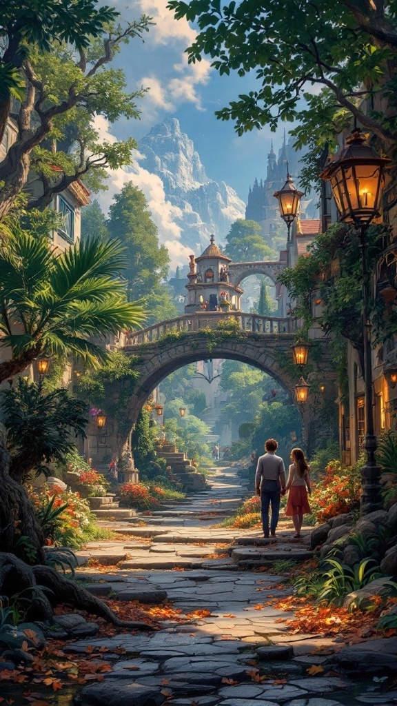 A picturesque cobblestone path with a couple walking hand in hand, surrounded by lush greenery and a warm, inviting atmosphere.