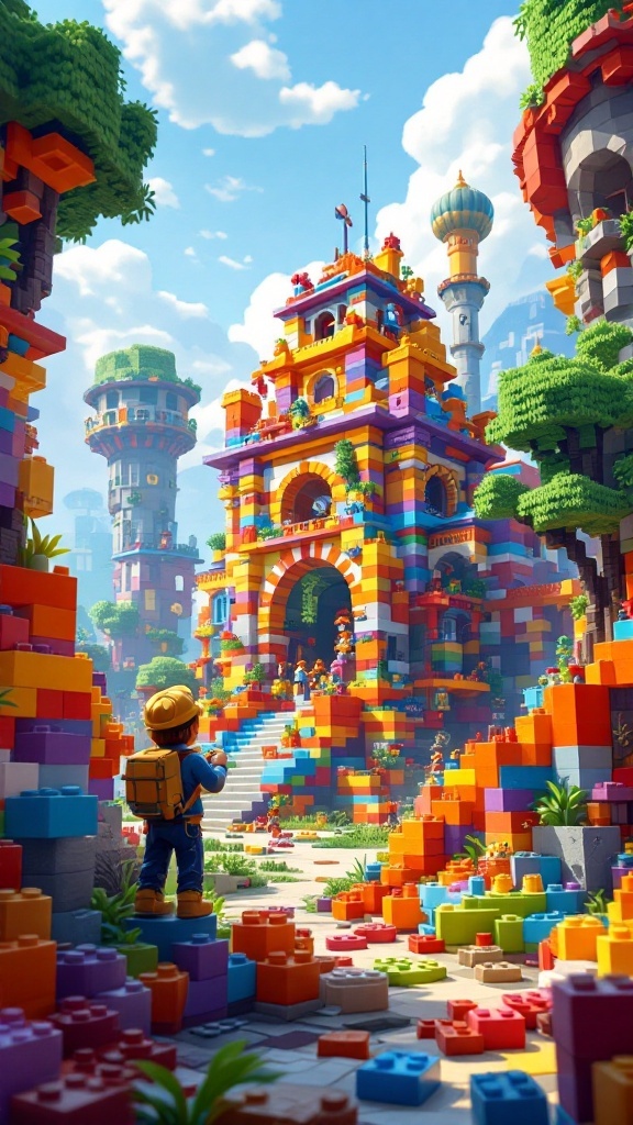 A colorful block structure with a character exploring it in a vibrant landscape.