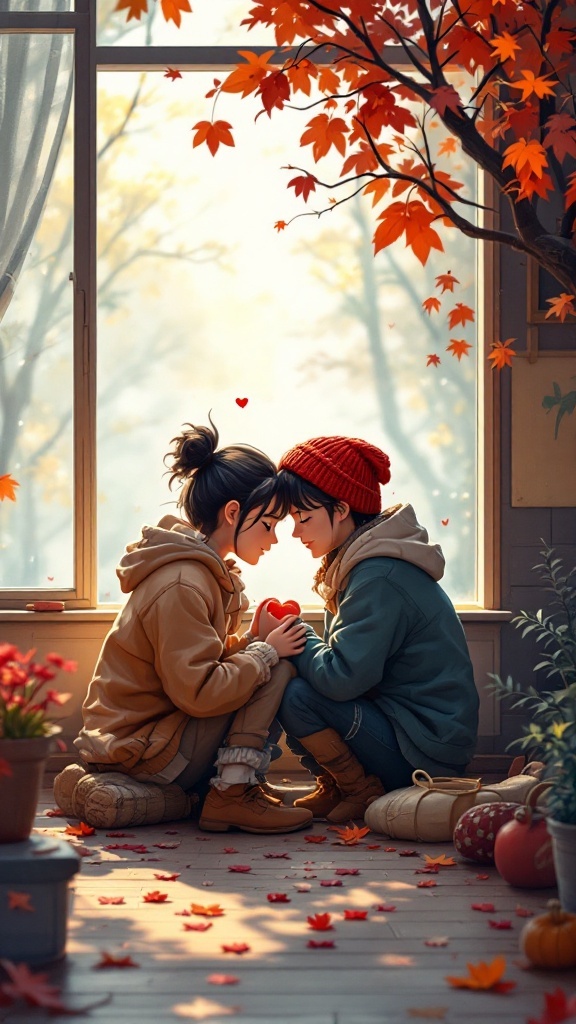 Two characters sharing a heartfelt moment with a heart-shaped item in their hands, surrounded by autumn leaves.