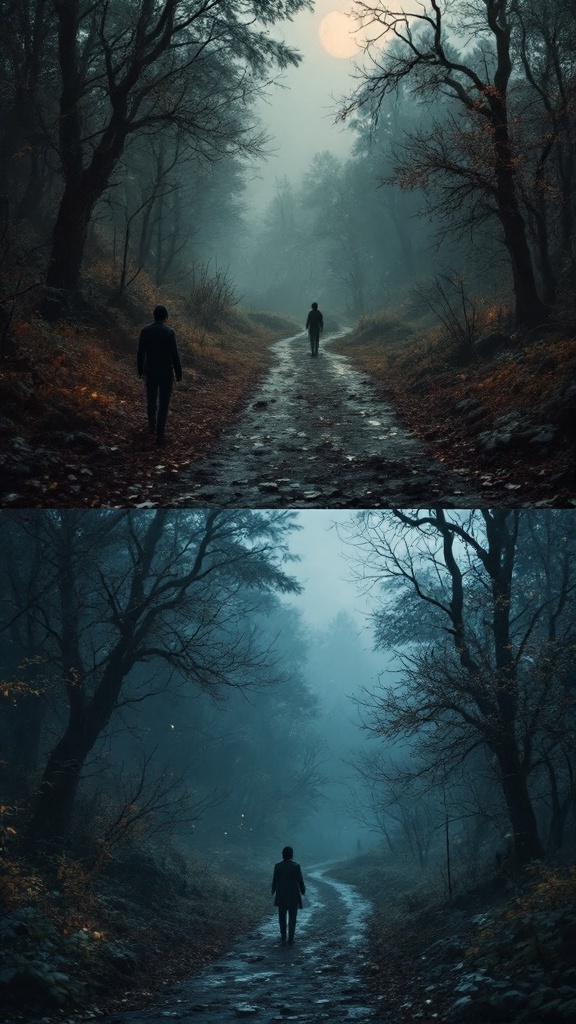 A misty forest path with a lone figure walking towards the horizon