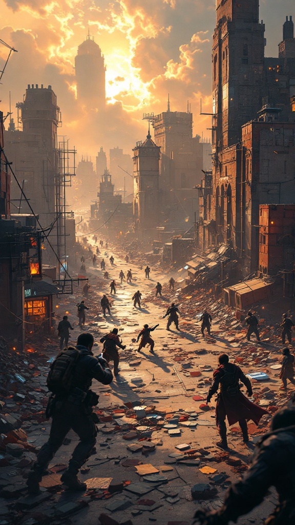 A chaotic urban battle scene depicting characters amidst destruction and debris.