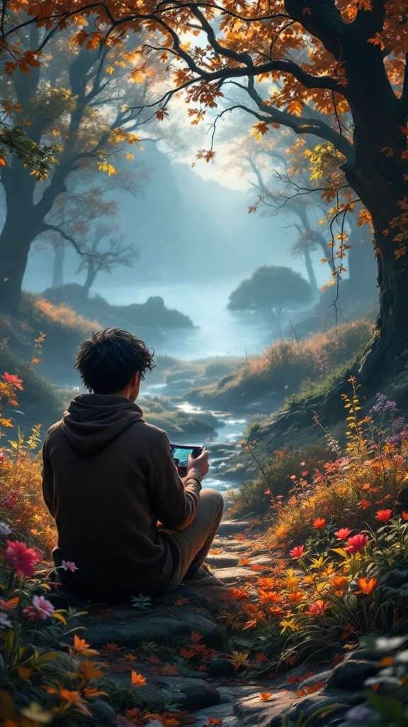 A young person sitting on a stone path in a colorful autumn setting, playing a handheld gaming device.