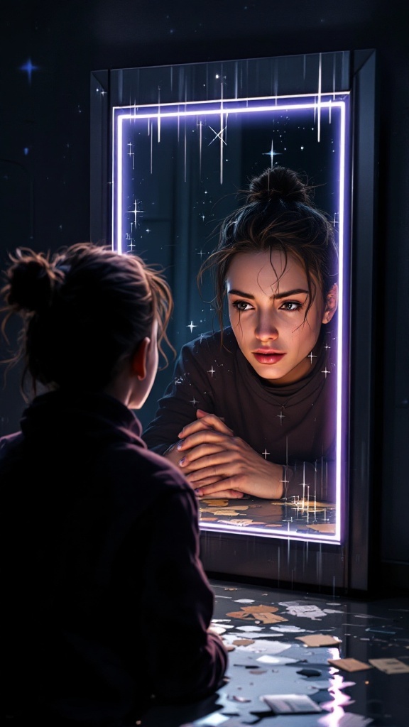 A young woman looking into a mirror, deep in thought, with sparkling lights surrounding the mirror.