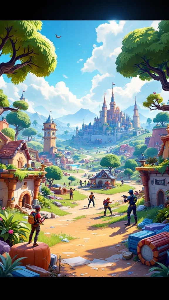 A colorful landscape from Fortnite featuring players engaging in a lively environment with a castle in the background.