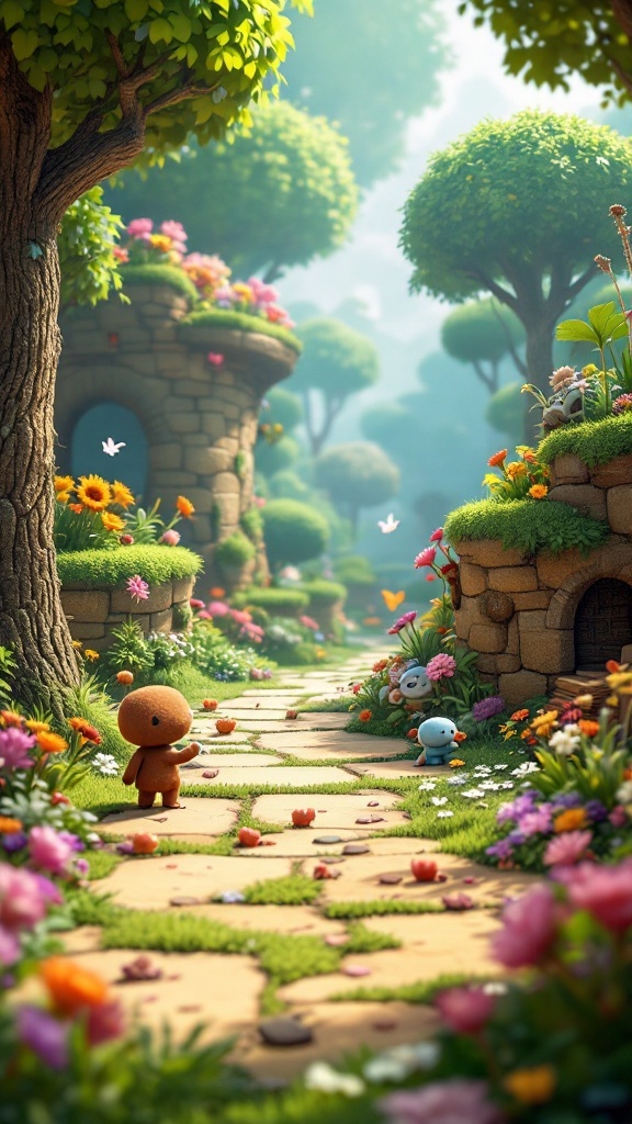 A whimsical garden path with colorful flowers and cute characters in a vibrant world.