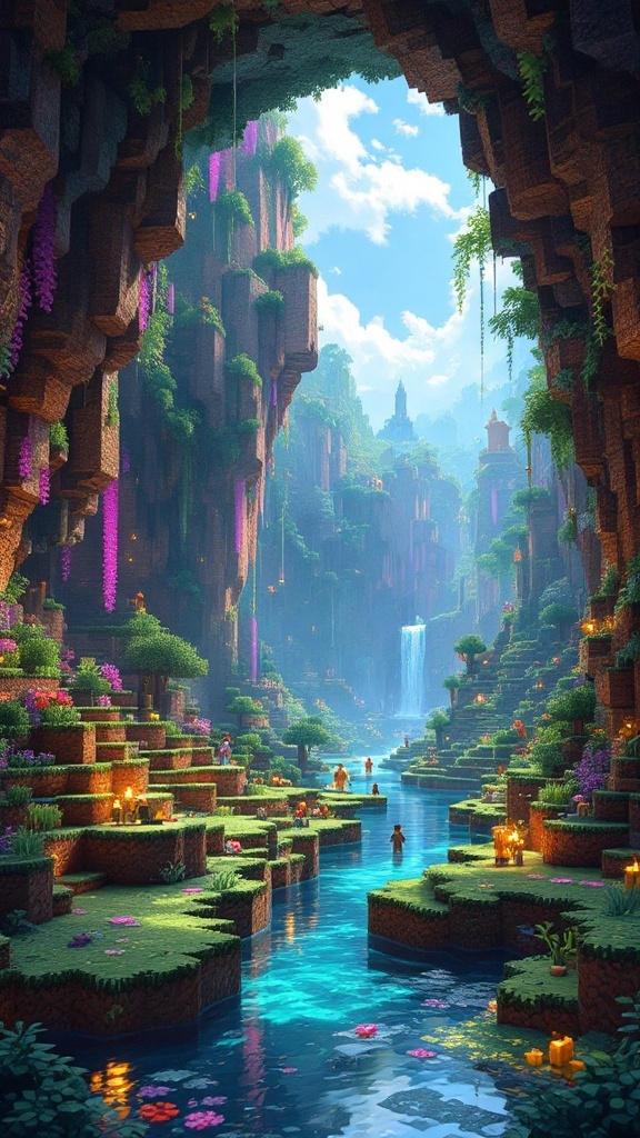 A beautiful Minecraft landscape featuring a lush valley with a river, waterfalls, and vibrant flora.